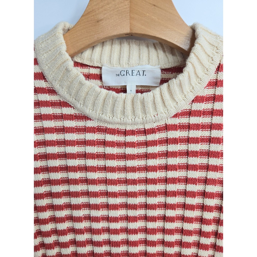 THE GREAT.‎ The Mini Striped Pullover Sweater Red Cream Ribbed Cotton Blend Sz 1 - Picture 4 of 14